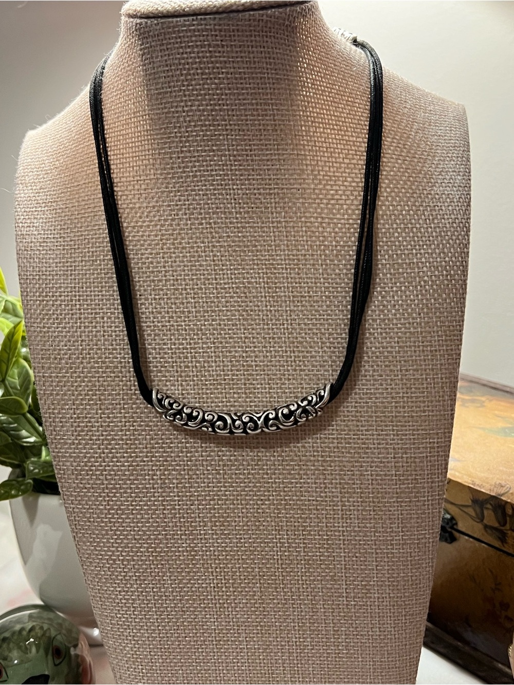 Brighton Black Contempo Bar Multi Black Cord Silver Filigree Necklace